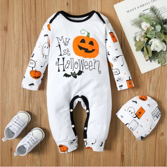 Other - Halloween Pumpkin Jumpsuit Romper w/Hat 6-9 mos NEW